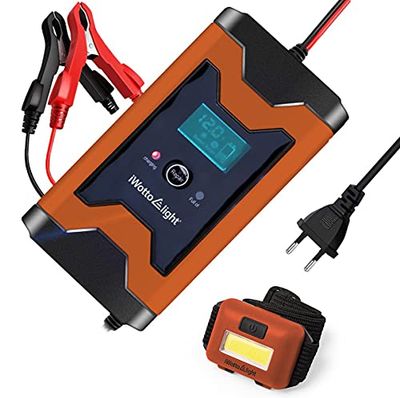 iWotto E light Cargador Batería Coche o Moto 6A 12V - Completamente Automático con Pantalla Digital Inteligente - Múltiples Protecciones para Baterías de Auto, Moto, Barco, Quad, Caravanas