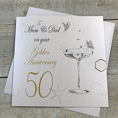 WHITE COTTON CARDS "to Mum and Dad on Your Golden Anniversary Carte de 50ème Anniversaire Faite Main