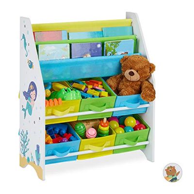 relaxdays Etagère Enfants, Motif mer, 6 boîtes, 2 Compartiments, Rangement Jouets, bibliothèque HlP 74x62x31,5 cm,coloré