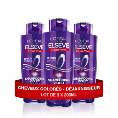 L'Oréal Paris - Lot de 3 Shampooings Violet Déjaunisseur - Pour Cheveux Blonds, Décolorés, Méchés ou Blancs - Neutralisation des Reflets Jaunes & Orangés - Elseve Color-Vive - 3x 200 ml