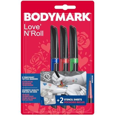 Bic BodyMark OLD SCHOOL - Temporary Tattoo Markers, Cosmetic Quality for Use on Skin - Pack of 3 Assorted Colours and 2 Stencil Sheets for Timeless Designs - Pack of 3+2