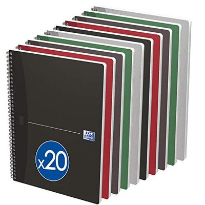 OXFORD Lot de 20 Cahiers Office Essentials A4 Petits Carreaux 5mm 180 Pages Reliure Intégrale Couverture Carte Coloris Assortis