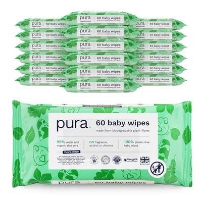 Pura Toallitas Bebé, 1080 Toallitas (18 x 60 Toallitas), 100% Toallitas Húmedas Libres de Plástico, 99% Agua, Piel Sensible, Biodegradables, Algodón Orgánico y Aloe Vera, Vegano