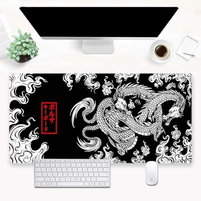 Musmatta, spelmusmatta, svartvit, XXL-musmattor med japansk anime, drake, full tangentbordsmatta för skrivbord, utökad datorskrivbordsmatta med sydda kanter, halkfri skrivbordsmatta 80 x 40 cm