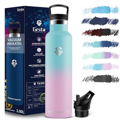 Grsta 1 Litre Sports Water Bottle - Stainless Steel, Leak-Proof, With Straw, Thermos Flask, BPA-Free, For Sports