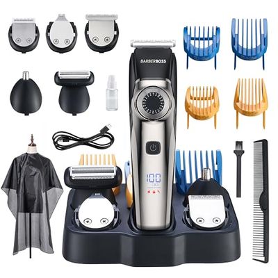 BarberBoss tagliabarba professionale, tagliacapelli da uomo, tagliaorecchie e naso, 39 lunghezze di taglio, accessori per pettine, quadrante di precisione, impermeabile, display a LED, QR-6083