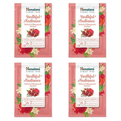 Himalaya Youth Radiance Edelweiss & Pomegranate Face Sheet Masks, Single Use Cotton Facial Sheet Mask Antioxidant Rich to Rejuvenate and Revitalize Skin | with Hyaluronic Acid, Count of 4