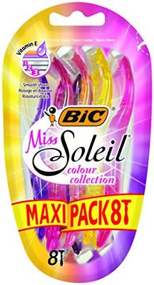 BIC Miss Soleil Colour Collection, Triple Blade Razor for Women, Great Grip and Control, With Flower Designed Handles, Pack of 8