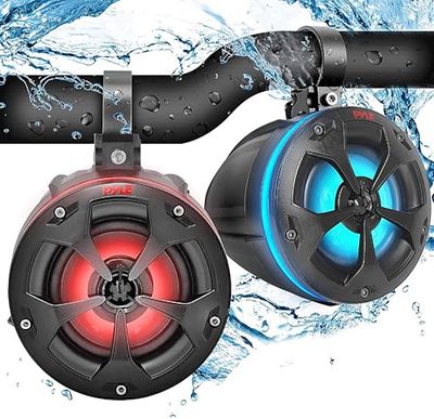 Pyle altavoces todo terreno, Impermeables, De 2 vias, Torre de wakeboard, Grado marino de 4” y 800V, Con luces RGB, Control remoto, Estereo, Exteriores, Rango completo para ATV, UTV, Quad, Jeep, Barco