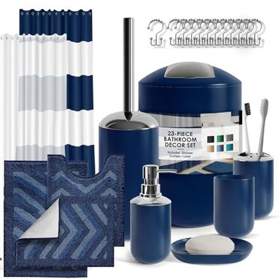Clara Clark Badkameraccessoireset, 23-delige douchegordijnset met badkamer prullenbak, marineblauwe badkamerset, badkamersets met douchegordijn en marineblauwe tapijten