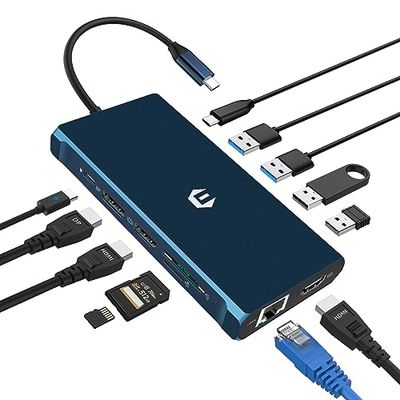 Qhou USB C-dockning, 12-i-1 USB C HUB, dubbel bildskärmsdockningsstation, dockningsstation med dubbel 4K HDMI, DisplayPort, Ethernet, PD 3.0, USB-C 3.0, 4 USB-portar, TF/SD-kortläsare för typ