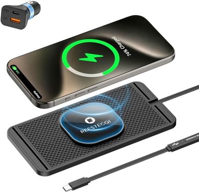Magnetische draadloze autolader Pad, REESTECQI 15W draadloos oplaadpad voor Magsafe oplader Draadloze oplader voor auto antislip type C met 40W autolader voor iPhone 15/14/13/12, Airpods (30CM kabel)