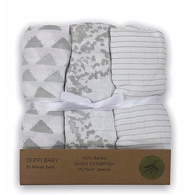 Duffi Baby Babymull, 100% natuurlijke bamboe, 3 stuks, 55 x 70 cm, grijs design, variabele druk, mousseline doekjes, bamboe-mousseline