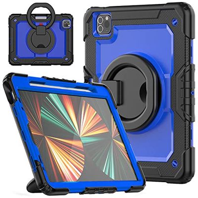 HUEZOE Beschermhoes compatibel met iPad Pro 11 inch, model 2021/2020/2018, schokbestendige beschermhoes voor het hele lichaam met draaibare standaard/penhouder, blauw zwart