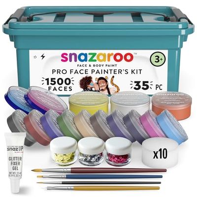 Snazaroo Face Painters Kit for Kids & Adults, 35 Pieces, 10 Colours, Brushes, Glitter Gels, Sponges, Guide, Water Based, Easily Washable, Makeup, Body Painting