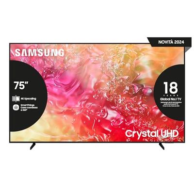 Samsung Smart TV 75" UE75DU7190UXZT, Crystal 4K UHD, 4K Upscaling, Slim Look, DVBT-2, Q-Symphony & OTS Lite, Integrato con Bixby, comp con Alexa e Google Assistant, Black 2024 [Amazon EXCL.]