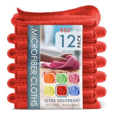 Hearth & Harbor Lot de 12 Chiffons de Nettoyage en Microfibre pour Voitures, Chiffons de Nettoyage Rouges, Serviette en Microfibre réutilisable, Chiffon en Microfibre pour Le Nettoyage, Chiffon Non