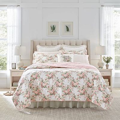 Laura Ashley Set di biancheria da letto reversibile in cotone, per tutte le stagioni, motivo cottage, Joyce rosa/bianco, Twin