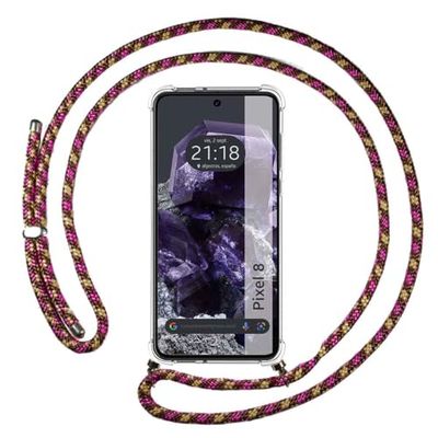 Tumundosmartphone Transparent Hanging Case for Google Pixel 8 5G with Pink/Gold Cord