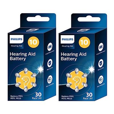 PHILIPS 60 x 1,4 V gehoorapparaatbatterijen 1,4 V voor gehoorapparaten 10 (Hearing Aid Battery) ZA10BX30/00, premium Zink-Air-technologie, lange levensduur, eenvoudig gebruik, type PR10, 70 en 536 (60