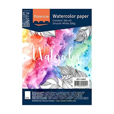 Vaessen Creative Florence Carta per Acquerello Pressata a Caldo A5, Bianco, 200 g/mq, Qualità Belle Arti, Grana Satinata, 24 Fogli per Pittura, Handlettering, Progetti Artistici e Altro Ancora