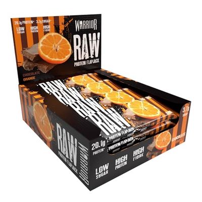 Warrior Raw Protein Flapjacks – 12 Bars x 75g Each – Packed with 20g of Protein – Low Sugar, High in Fibre (Chocolate Orange)
