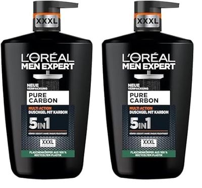 L'Oréal Men Expert XXXL Gel douche et shampooing 5 en 1 pour homme, bain douche pour nettoyer le corps, les cheveux et le visage, soin du corps pour homme pour une fraîcheur longue durée au carbone, 1