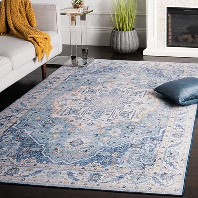 Safavieh - Alfombra Tradicional (Lavable a máquina y Antideslizante, Ideal para Zonas de Alto Paso, colección Tucson, Alfombra de Pelo Corto, Azul Claro y Azul, 91 x 152 cm)