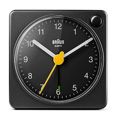 Braun Classic Travel Analogue Alarm Clock with Snooze and Light, Compact Size, Quiet Quartz Movement, Crescendo Beep Alarm in Black, model BC02XB.