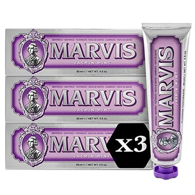 Marvis Lot de 3 dentifrices Menthe-Jasmin, 3 x 85 ml, Dentifrice anti-plaque dentaire qui favorise la santé des gencives, Fraîcheur longue durée