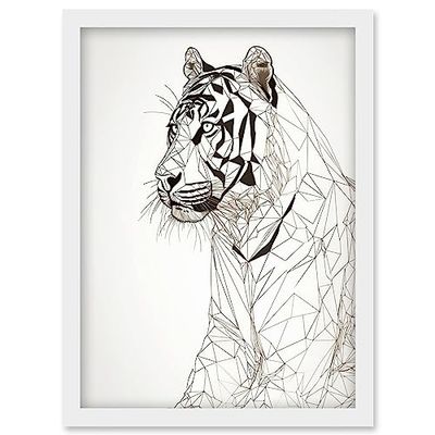 Artery8 White Tiger Line Drawing Polygon Stripes Pattern Artwork Framed Wall Art Print A4
