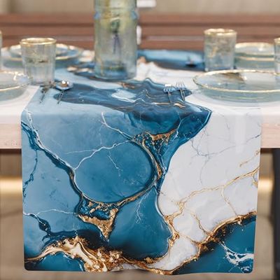 PETTI Artigiani Italiani - Modern Elegant Blue Marble Effect Table Runner, 100% Made in Italy