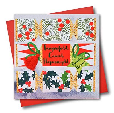 Claire Giles Greeting Cards, Welsh Happy Christmas Card, Nadolig Llawen, Peace Love and Joy, Tangnefedd Cariad Hapusrwydd, Embellished with a Colourful Tassel