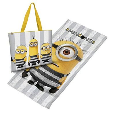 Minions Gru Meu vilão favorito 3 Jail-Set mala de praia e toalha, amarelo, 140 x 70 cm, Amarelo, Talla única, Set Bolsa de praia e toalha Jail
