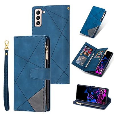 UEEBAI Hoes voor Samsung Galaxy S21 5G, retro ritssluiting, telefoonhoes van PU-leer, siliconen bumper met 9 kaartvakken, standfunctie, portemonnee, draagband, beschermhoes, wallet case, blauw