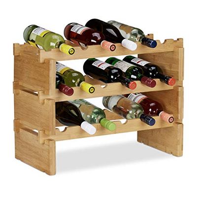 Relaxdays Garrafa de vinho empilhável até 36 garrafas, bambu, castanho, 3 níveis