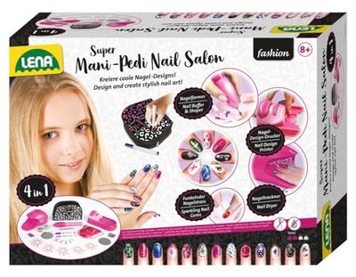 Lena 42654 - Mani Pedi Nail Salon, Studio de manucure 4 en 1 pour Enfants, à partir de 8 Ans, avec Appareil et formeur d'ongles, Bijoux d'ongles, imprimante de Design et séchoir à Ongles