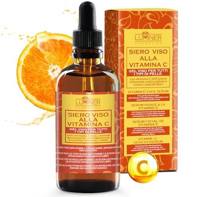 Siero Vitamina C 100ml, Siero Viso Acido Ialuronico, Formula Naturale Antirughe con Aloe Vera e Vitamina C-E, Contorno Occhi Idratante e Rimpolpante Made in Italy LUMINER