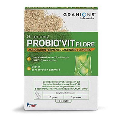 Granions Probio'Vit Flore - 10 gélules = 10 jours - Ferments lactiques & Levures - 14 milliards d'UFC à fabrication - Stabilité garantie, Biodisponibilité optimale - Marque française