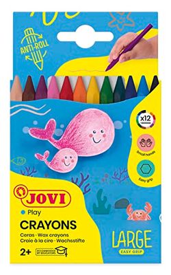 Jovi - Pastelli a Cera Large Easy Grip, Confezione da 12 Cere, Colori Assortiti, Alte Prestazioni, Ideale per i Bambini, Senza glutine (912)