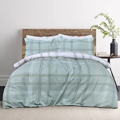 Sleepdown - Set di biancheria da letto reversibile, con copripiumino e federa, con motivo verde a quadri, trapuntato, morbido e facile da pulire, king size (230 x 220 cm)