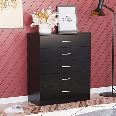 Vida Designs Zwarte commode met 5 laden met metalen handgrepen, geleiders en anti-doorzakken houder