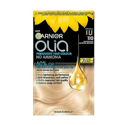 Garnier Olia Permanent Hair Dye, No Ammonia, Full Grey Coverage, Long-lasting Colour & Shine, Vegan Formula, Colour: 110 Super Light Natural Blonde, 230g