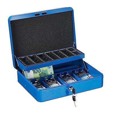 Relaxdays Caja Dinero con Llave, Bandeja Monedas y 4 Compartimentos Billetes, Cajita Hierro, 8,5x30,5x24,5 cm, Azul