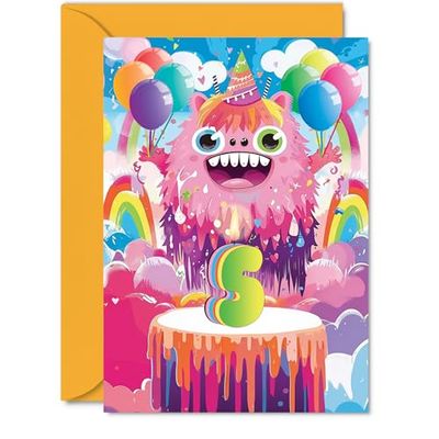 5th Birthday Card Boys Girls - Little Monster Party - Happy Birthday Card for 5 Year Old Boy Girl Kids, 5x7 Inch Five Fifth Bday Cake Greeting Cards