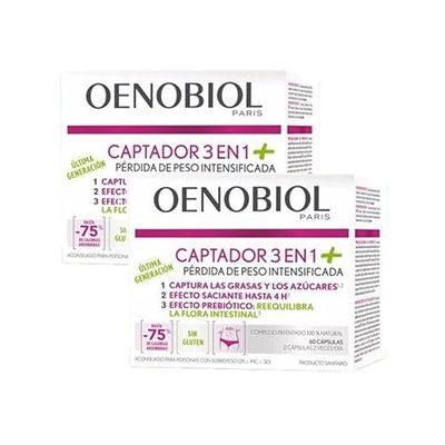 OENOBIOL Captador 3 en 1 Plus, Pérdida de peso intensificada captura grasas y azúcares, Efecto saciante hasta 4 horas, Efecto prebiótico, Reequilibra la flora intestinal, 120 cápsulas