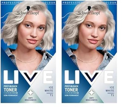Schwarzkopf Live Post Bleach Toner Ice White Hair Toner, Lasts Up To 16 Washes, Semi-Permanent Blonde Hair Dye, For Brassy Yellow Tones, T1 (Pack of 2)
