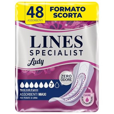 Lines Specialist Lady Maxi Women's Incontinence Pads with Zero Odor Technology and Protective Side Barriers, Monthly Stock, 4 Packs of 12 Units