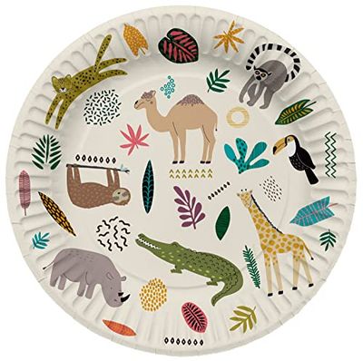 Folat 61929 Papieren Tableware Papieren borden, rond, Ø Zoo Party, 23 cm, 8 stuks, wegwerpservies, borden voor verjaardagsfeest, babyshower, bruiloft, bruidsfeest, meerkleurig