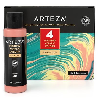 Arteza Akryl hällfärg set, 118 ml flaskor, set med 4 vårfärger, akrylfärg med högt flöde, ingen blandning behövs, färg för hällning på duk, glas, papper, trä, kakel och stenar